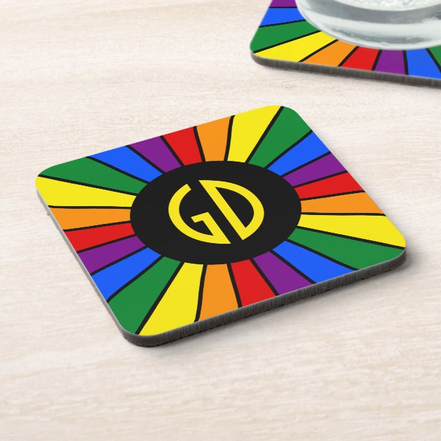 RAINBOW FLAG BUTTON RAYS + your sign or monogram Coaster (Left Side)