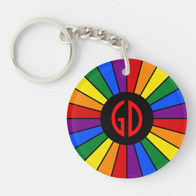 RAINBOW FLAG BUTTON RAYS + your sign or monogram Key Ring (Front)