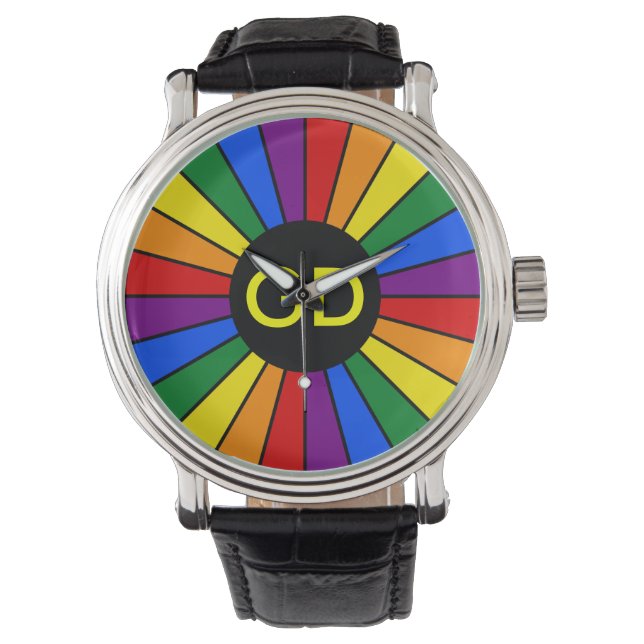 RAINBOW FLAG BUTTON RAYS + your sign or monogram Watch (Front)
