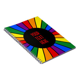 RAINBOW FLAG BUTTON RAYS + your sign or text Spiral Notebook