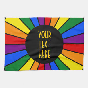 RAINBOW FLAG BUTTON RAYS + your sign or text Tea Towel
