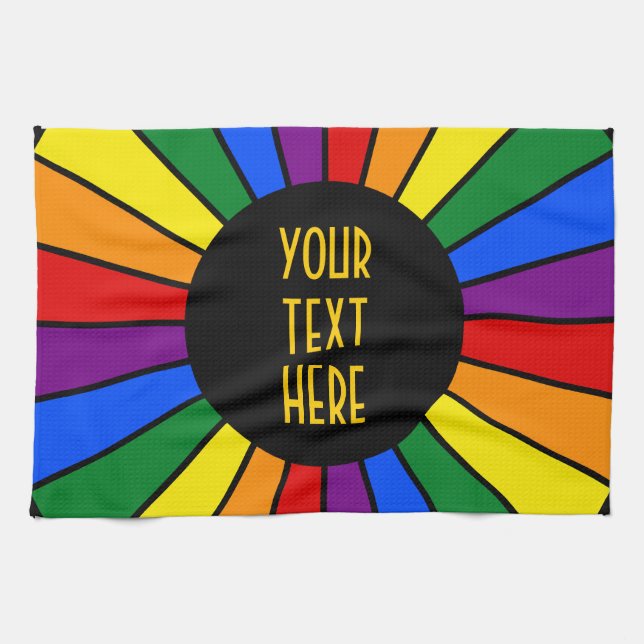 RAINBOW FLAG BUTTON RAYS + your sign or text Tea Towel (Horizontal)