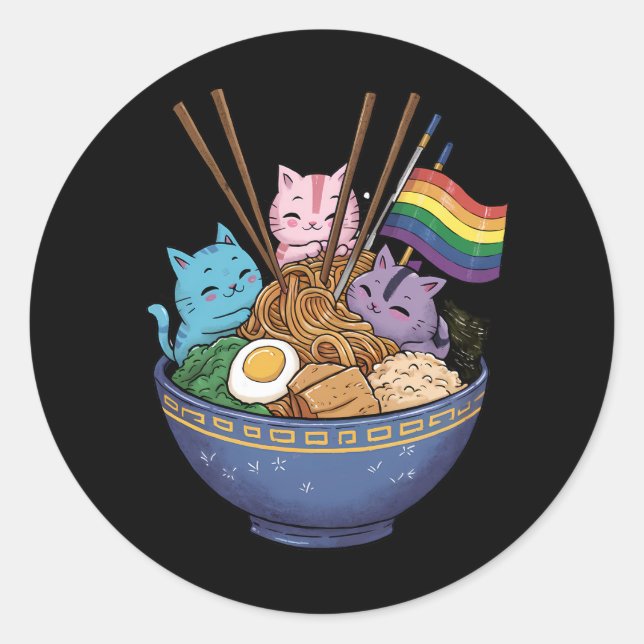 Rainbow Flag Cats Ramen Anime Gay Pride Month LGBT Classic Round Sticker (Front)