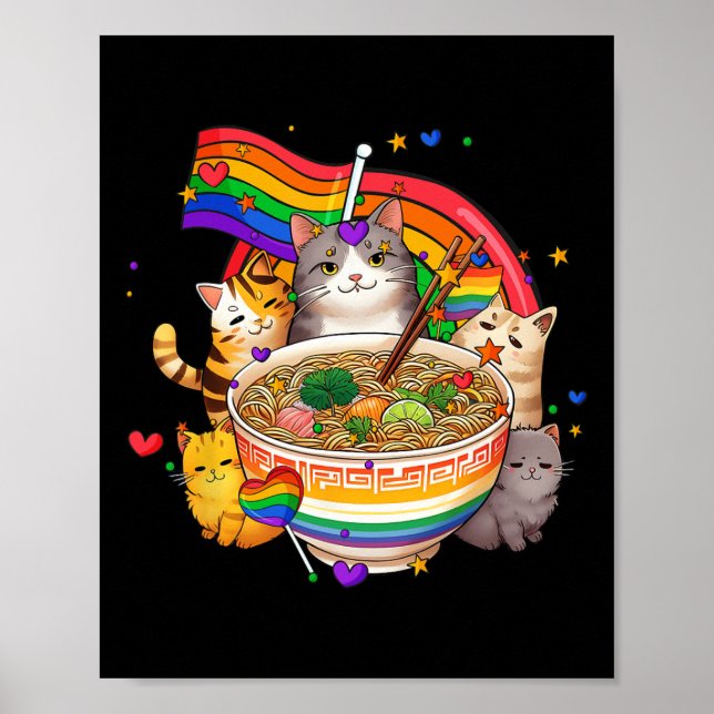 Rainbow Flag Cats Ramen Anime Gay Pride Month Lgbt Poster (Front)