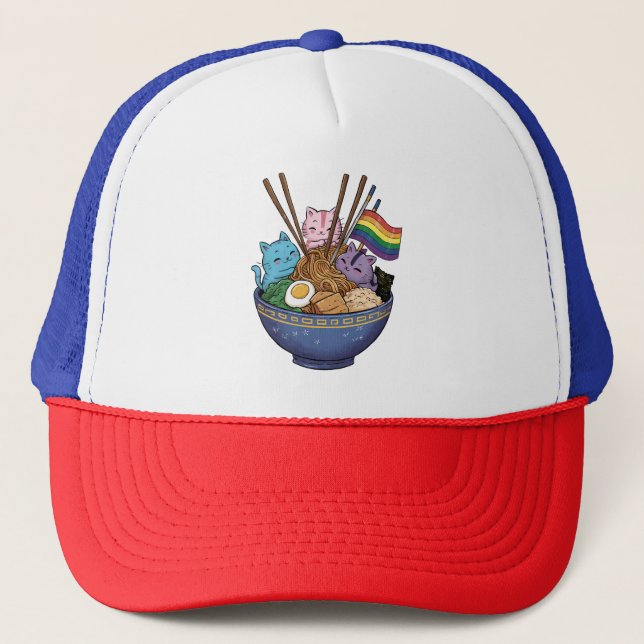 Rainbow Flag Cats Ramen Anime Gay Pride Month LGBT Trucker Hat (Front)