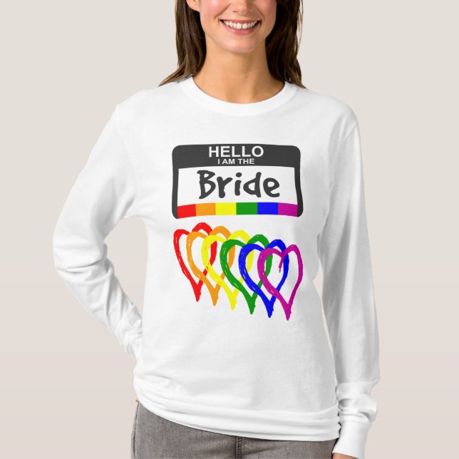 Rainbow Flag Hearts Bride Name Badge Wedding T-Shirt (Front)