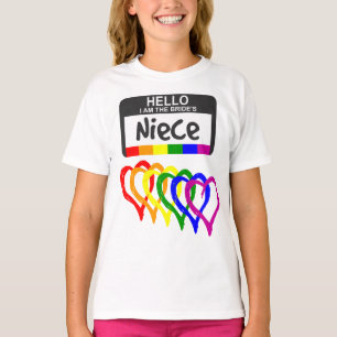Rainbow Flag Hearts Bride Niece Name Badge T-Shirt