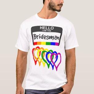 Rainbow Flag Hearts Bridesman Name Badge Wedding T-Shirt