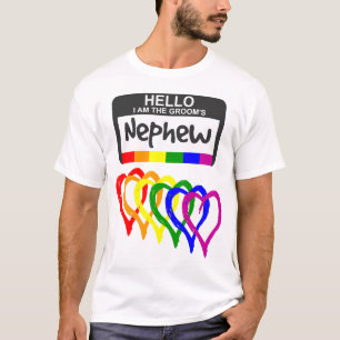 Rainbow Flag Hearts Groom Nephew Name Badge T-Shirt