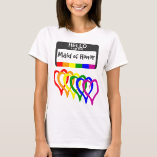 Rainbow Flag Hearts Maid of Honour Name Badge T-Shirt