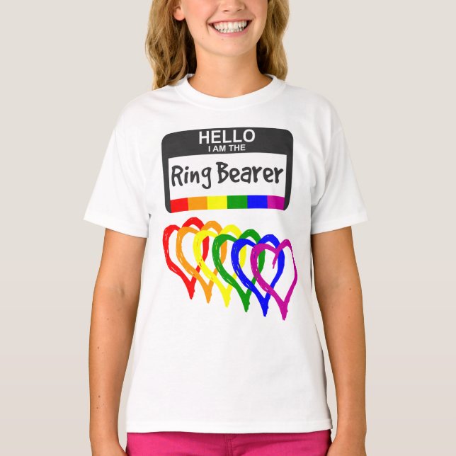 Rainbow Flag Hearts Ring Bearer Name Badge Wedding T-Shirt (Front)