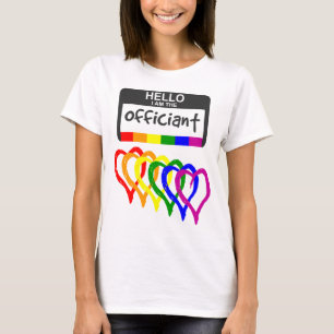 Rainbow Flag Hearts Wedding Officiant Name Badge T-Shirt