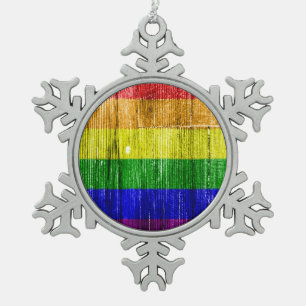 RAINBOW FLAG SQUARE WOOD PATTERN -.png Snowflake Pewter Christmas Ornament