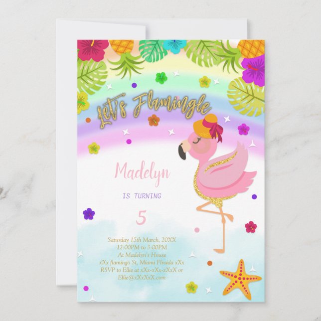 Rainbow Flamingo birthday invitation (Front)