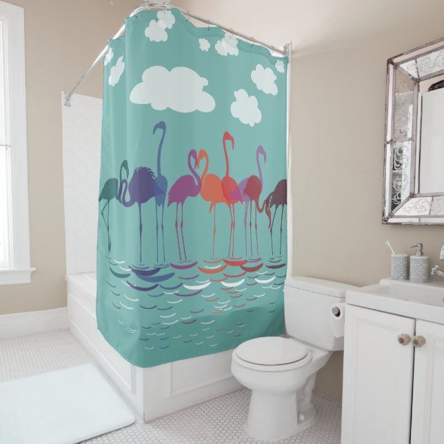 Rainbow Flamingos Deco Art Shower Curtain (In Situ)