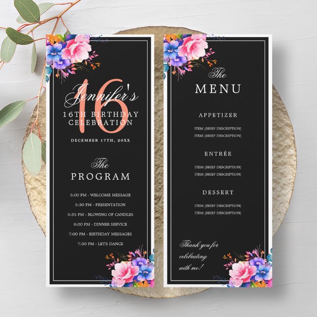 Rainbow Floral 16th Birthday Program Menu Black Invitation (Rainbow Floral 16th Birthday Program Menu Black)