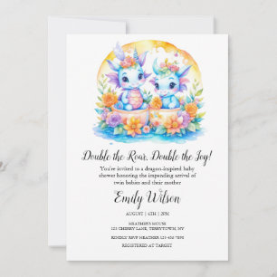 RAINBOW FLORAL BABY DRAGONS TWINS BABY SHOWER INVITATION