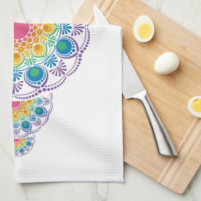 Rainbow Floral Fountain Ornamental Dot Mandala Tea Towel (Quarter Fold)