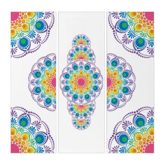 Rainbow Floral Fountain Ornamental Dot Mandala Triptych