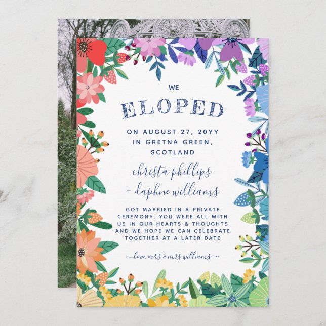 Rainbow Floral Frame LGBT We Eloped Announcement (Front/Back)