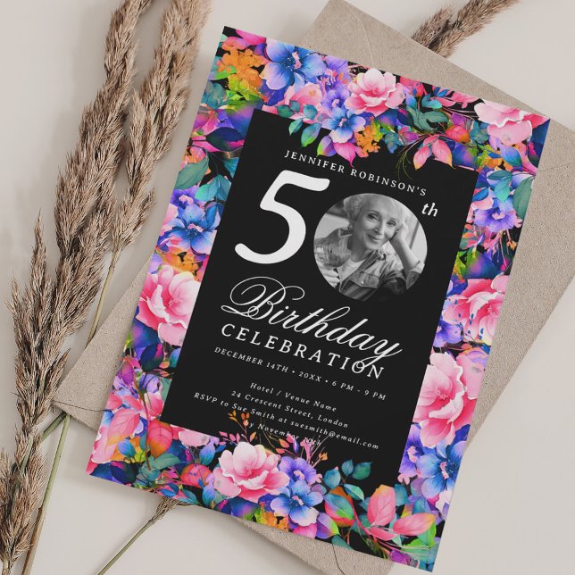 Rainbow Floral Garden Photo 50th Birthday Black Invitation (Rainbow Floral Garden Photo 50th Birthday Black Invitation)