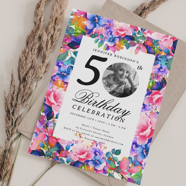 Rainbow Floral Garden Photo 50th Birthday Party Invitation (Rainbow Floral Garden Photo 50th Birthday Party Invitation)