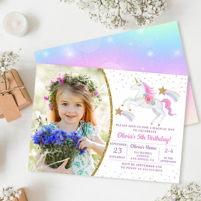 Rainbow Floral Magical Unicorn Girl Birthday Photo Invitation (Creator Uploaded)