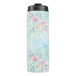 rainbow floral pastel watercolor blue green backgr thermal tumbler