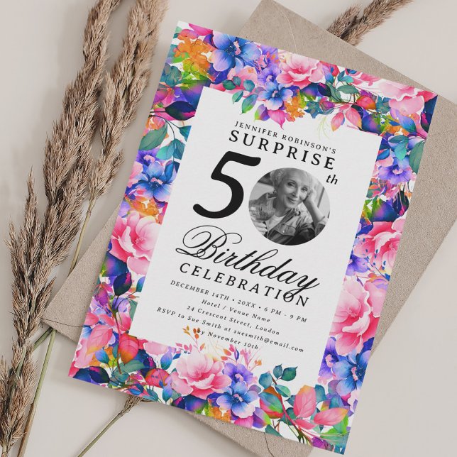 Rainbow Floral Photo SURPRISE 50th Birthday  Invitation (Rainbow Floral Photo SURPRISE 50th Birthday Invitation)