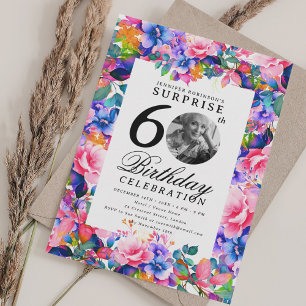 Rainbow Floral Photo SURPRISE 60th Birthday  Invitation