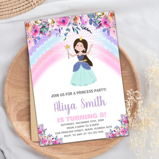 Rainbow Floral Pink Princess Birthday Invitations (Rainbow Floral Pink Princess Birthday Invitations)