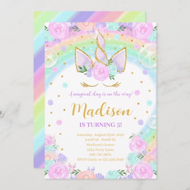 Rainbow Floral Unicorn Birthday Invitation (Front/Back)