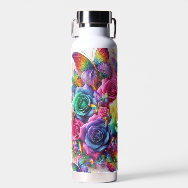 Rainbow Floral with Butterflies Water Bottle (Front)