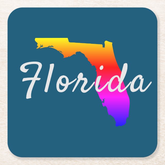 Rainbow Florida State Silhouette Square Paper Coaster (Front)