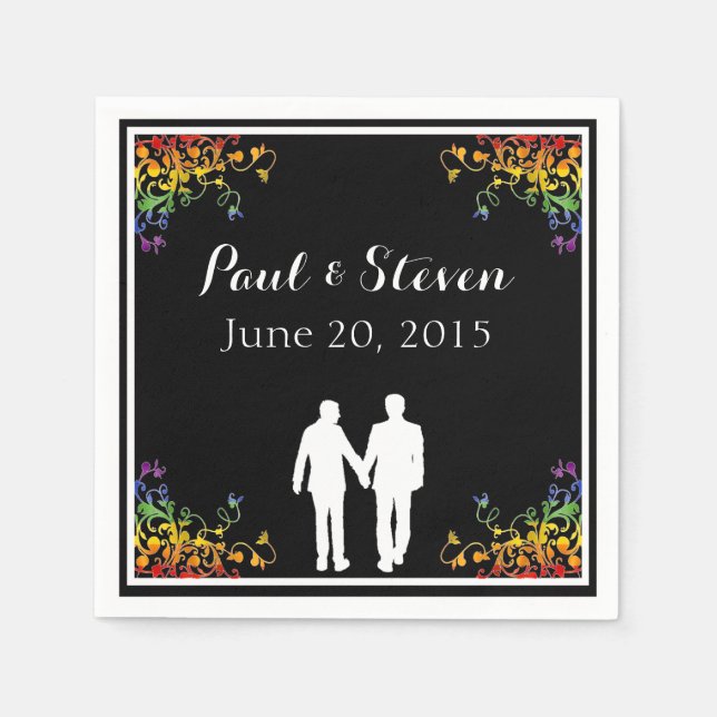 Rainbow Flourishes Gay Wedding Cocktail Napkins (Front)