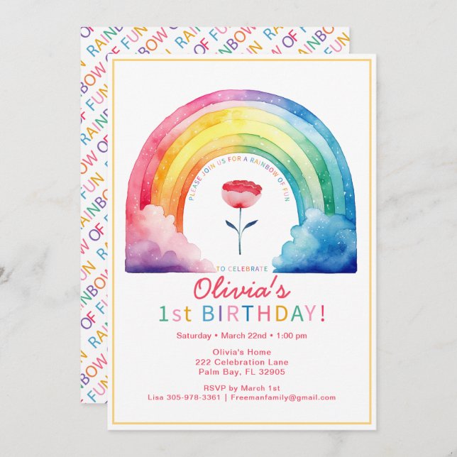 Rainbow Flower 1st Birthday Party Invite (Front/Back)