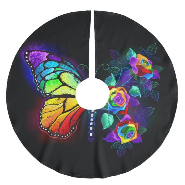 Rainbow flower butterfly brushed polyester tree skirt (Front)
