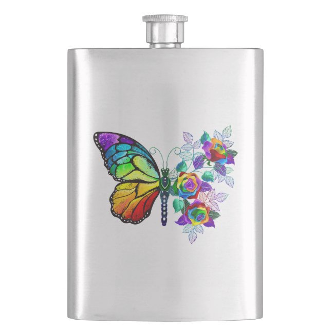 Rainbow flower butterfly hip flask (Front)