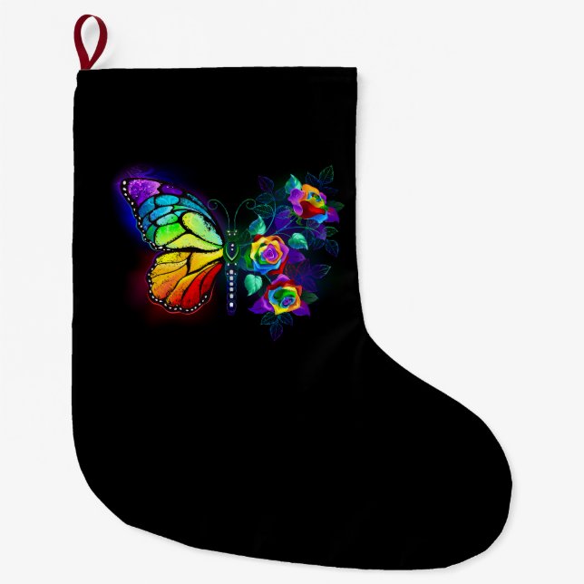 Rainbow flower butterfly large christmas stocking (Front)