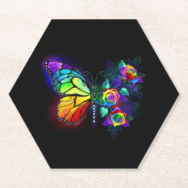 Rainbow flower butterfly paper coaster (Front)