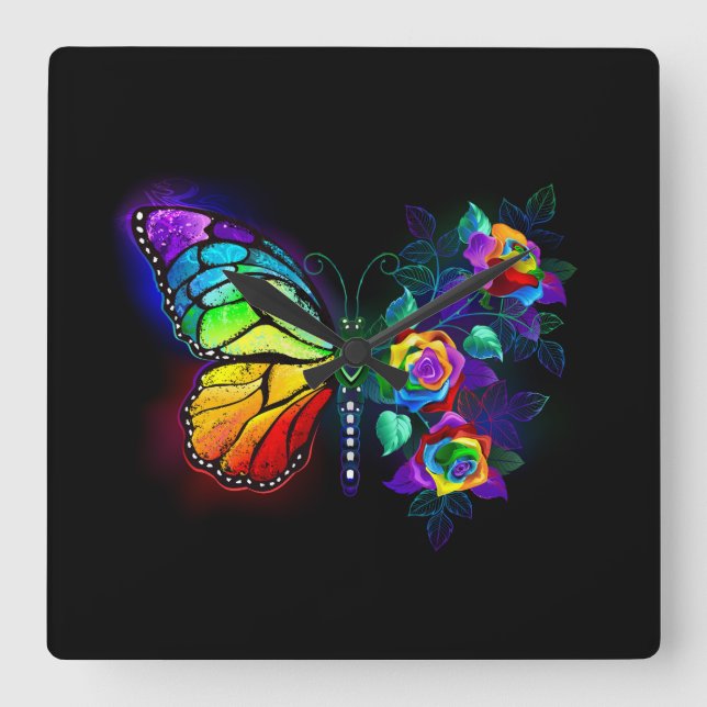 Rainbow flower butterfly square wall clock (Front)