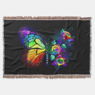 Rainbow flower butterfly throw blanket