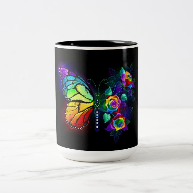 Rainbow flower butterfly Two-Tone coffee mug (Center)