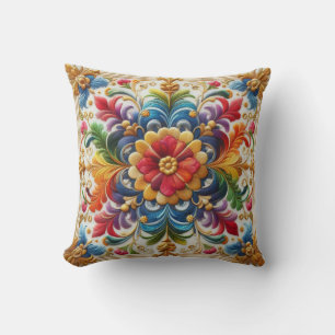 Rainbow Flower Embroidery Looking Floral Design Cushion
