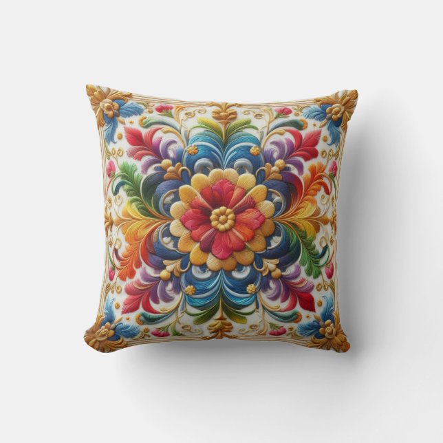 Rainbow Flower Embroidery Looking Floral Design Cushion (Front)