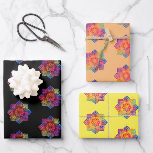 Rainbow Flower Mandala Pattern Trio Wrapping Paper Sheet