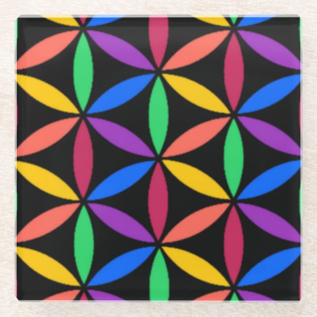 Rainbow Flower of Life Pattern Glass Coaster (Front)