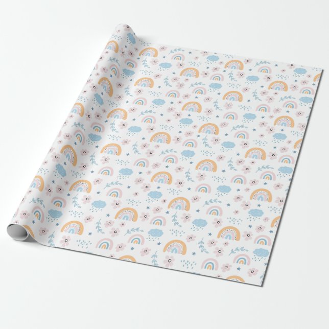Rainbow, Flowers And Clouds Wrapping Paper (Unrolled)