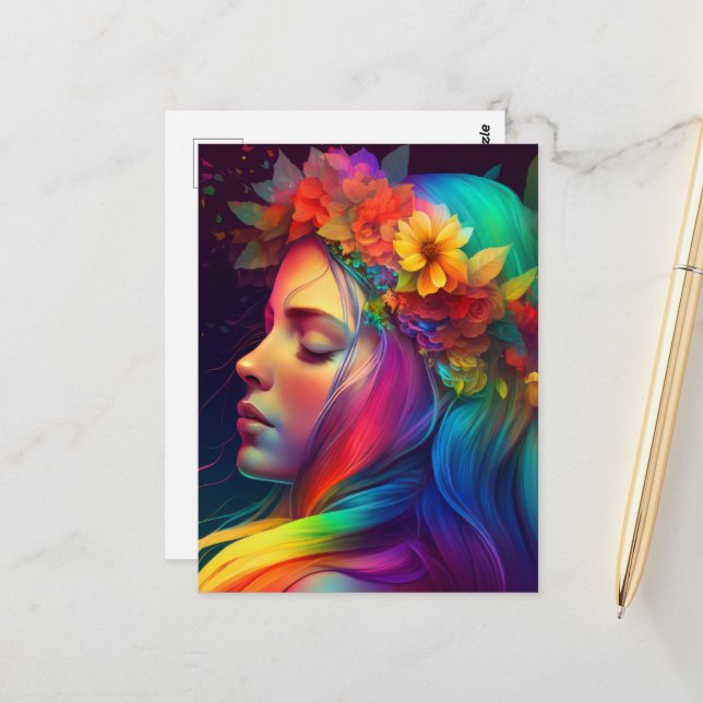 Rainbow Flowers & Colourful Hair Girl Postcard (Front/Back In Situ)