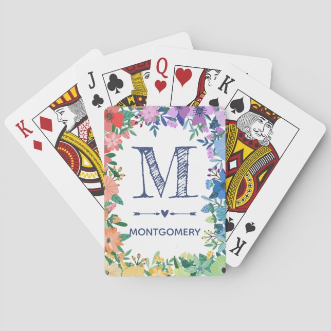 Rainbow Flowers Heart Arrows Monogram Playing Cards (Back)